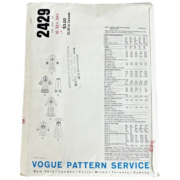 Vogue 2429 Pattern Long One Piece Dress Empire Waist Tunic Pants Size 10 Uncut - Picture 5 of 5